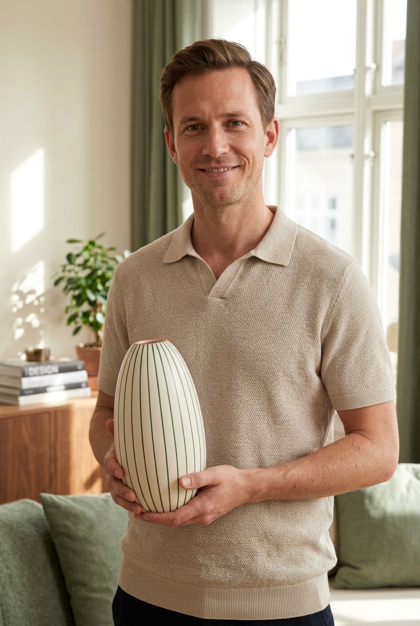 Male model holding Meadow Lines oval vase