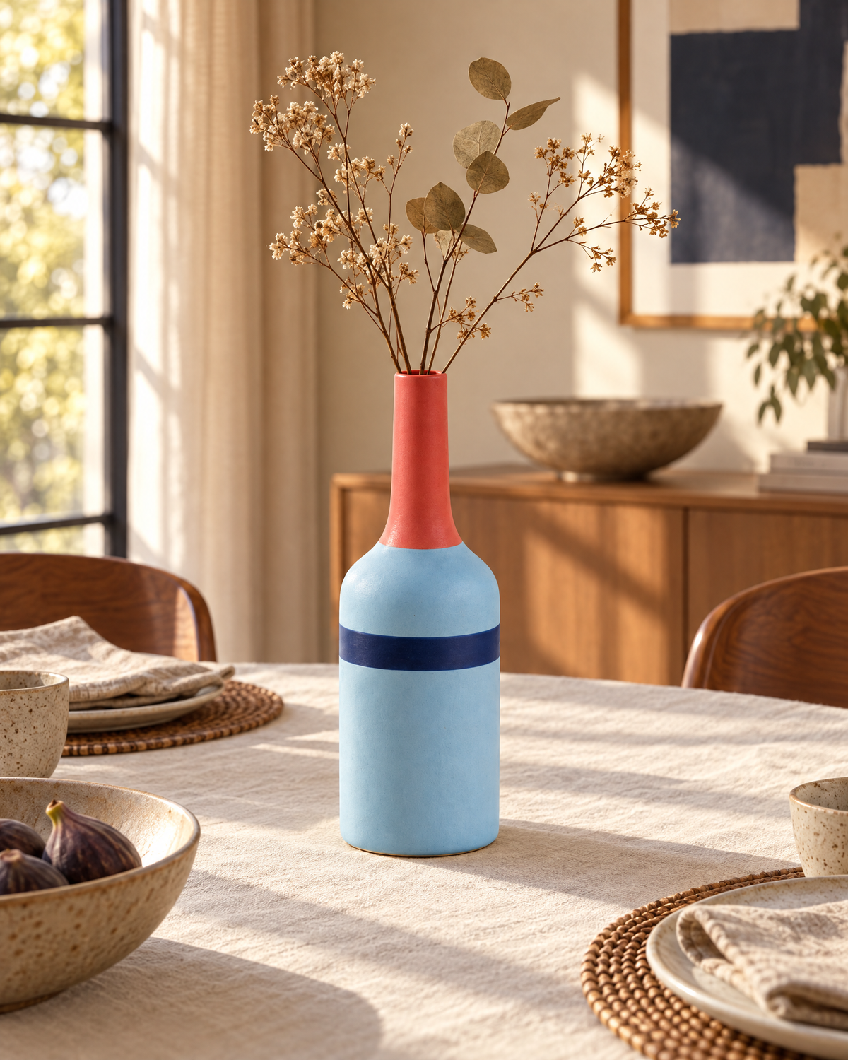 Skyline Stem Slender Bottle Decorative Vase in Sky Blue with a Navy Band and Coral Neck for Colorful Modern Interiors