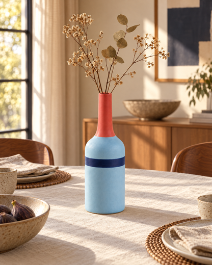 Skyline Stem Slender Bottle Decorative Vase in Sky Blue with a Navy Band and Coral Neck for Colorful Modern Interiors