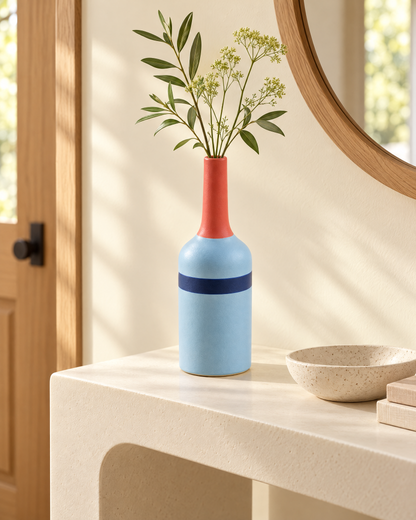 Skyline Stem Slender Bottle Decorative Vase in Sky Blue with a Navy Band and Coral Neck for Colorful Modern Interiors