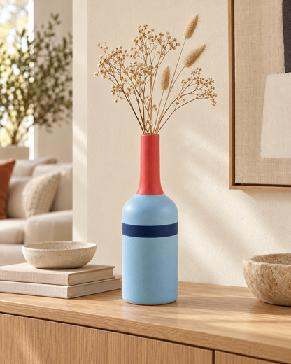 Skyline Stem Slender Bottle Decorative Vase in Sky Blue with a Navy Band and Coral Neck for Colorful Modern Interiors
