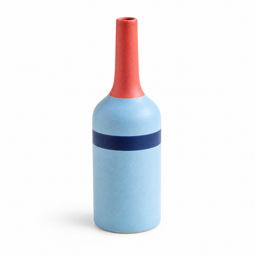 Skyline Stem Slender Bottle Decorative Vase in Sky Blue with a Navy Band and Coral Neck for Colorful Modern Interiors