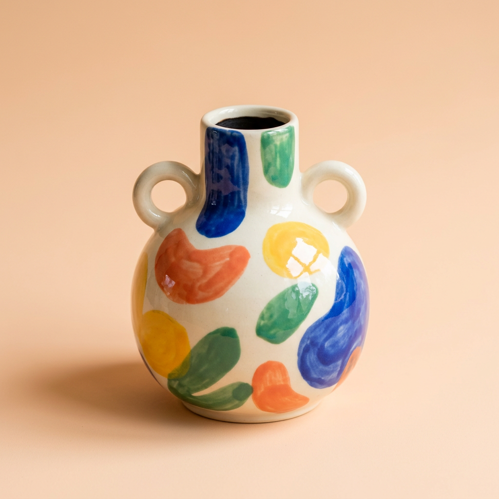 Front hero view of colorful abstract twin-handle vase on peach background