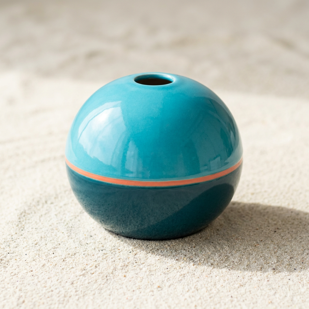 Tide Orbit turquoise spherical vase with coral ring and deep teal base