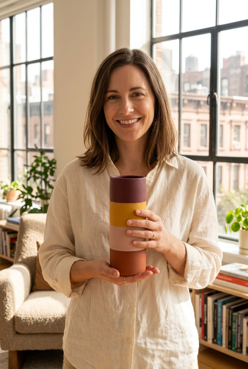 Female model holding Sunset Column vase