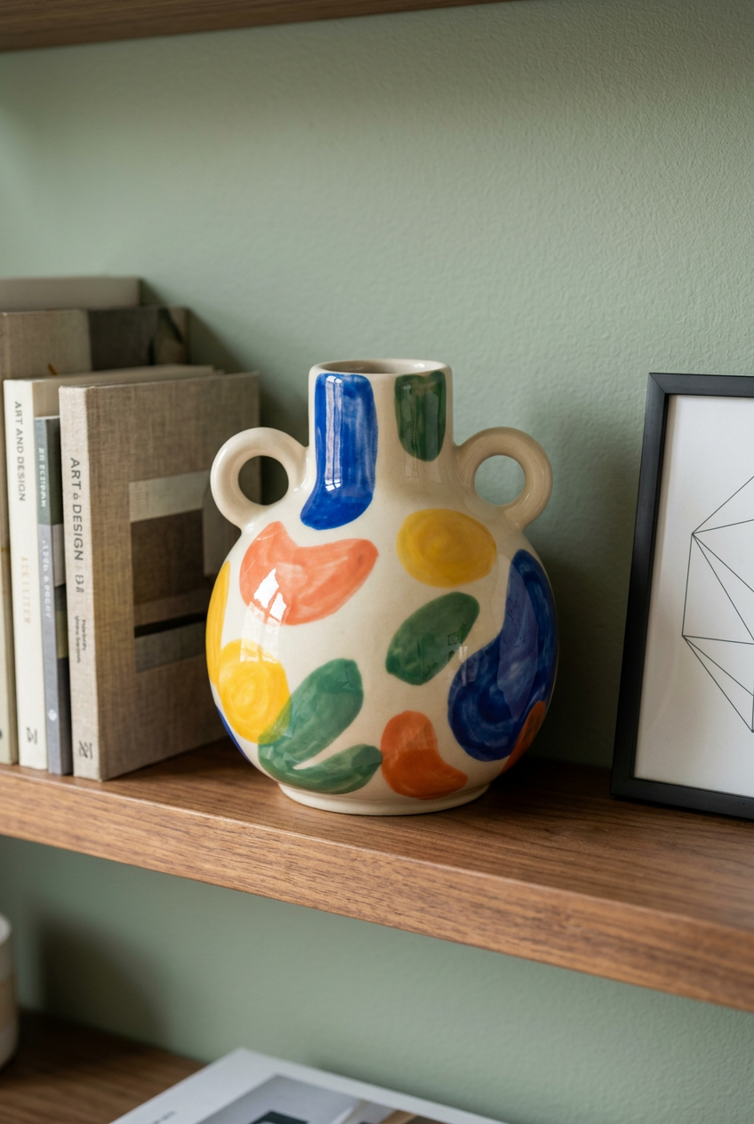 Twin-handle vase on a walnut home office shelf