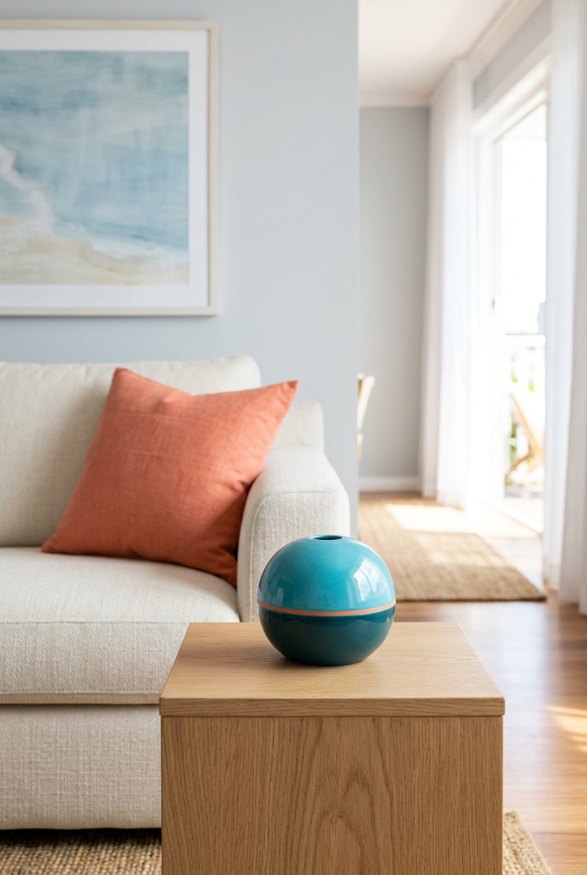 Turquoise rounded vase in coastal-inspired living room