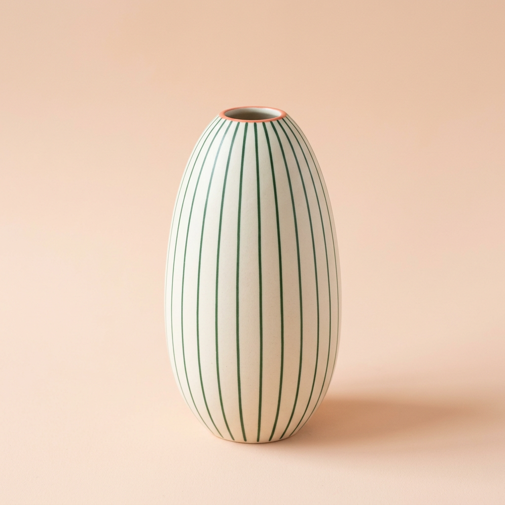 Meadow Lines ivory oval vase with fine green stripes and coral rim