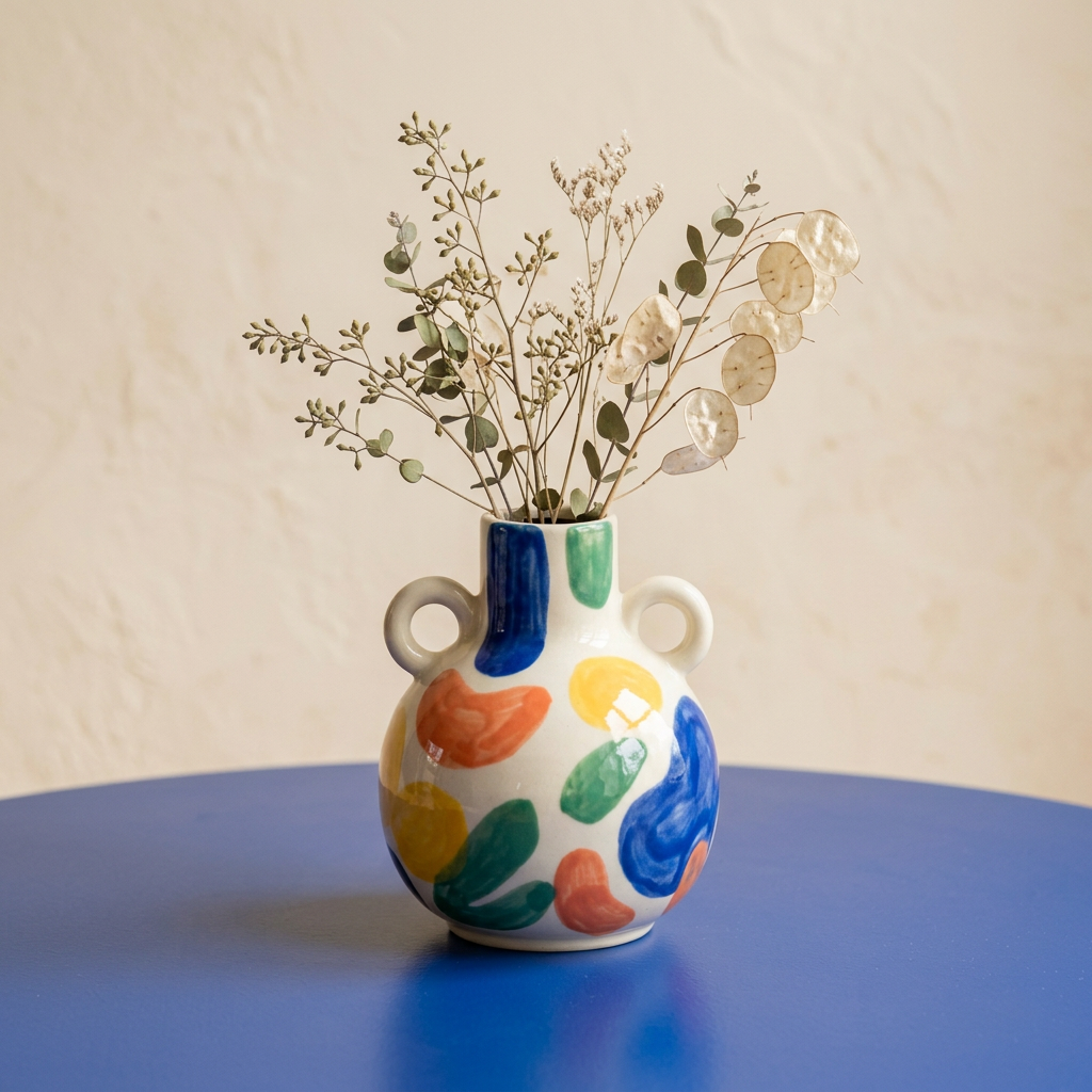 Abstract colorful vase styled with dried stems on cobalt tabletop