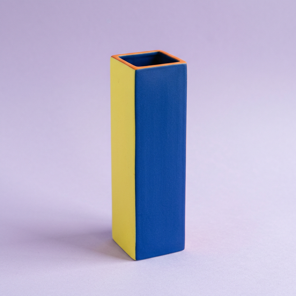 Primary Frame square vase with cobalt front yellow side and orange rim