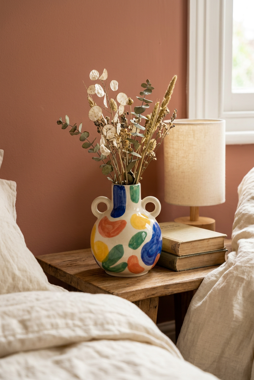 Colorful vase with dried stems in a warm bedroom setting