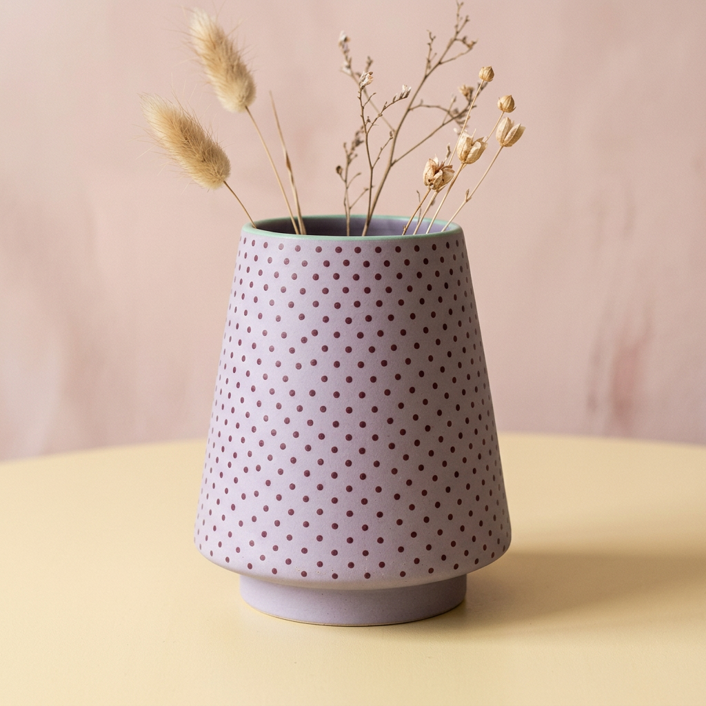 Lilac Confetti dotted vase styled with delicate dried stems