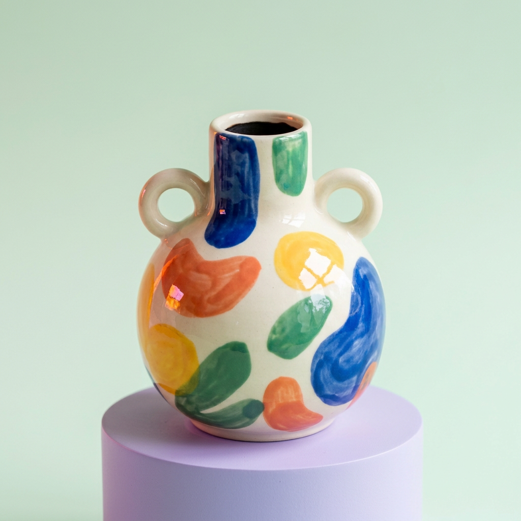 Colorful sculptural vase on lavender pedestal with mint backdrop