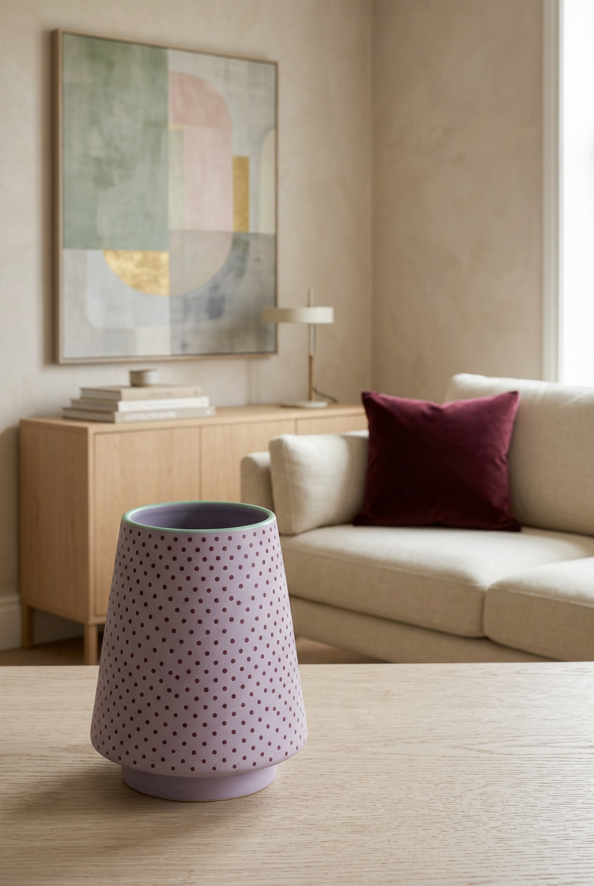 Lavender dotted vase on pale oak living room console