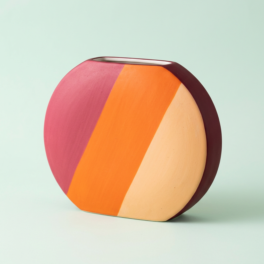 Sorbet Canvas flat oval vase with diagonal pink orange and apricot color blocks