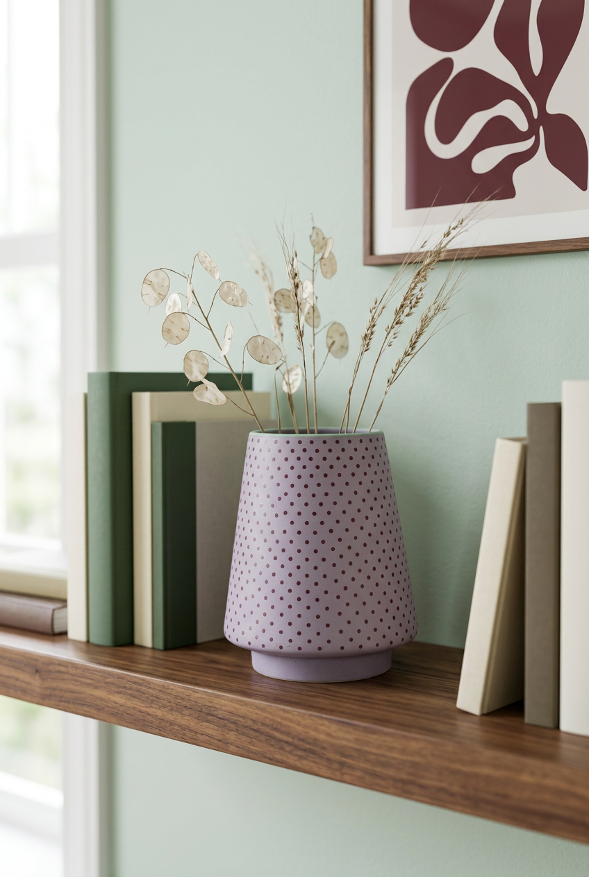 Lavender polka-dot vase on home office shelf