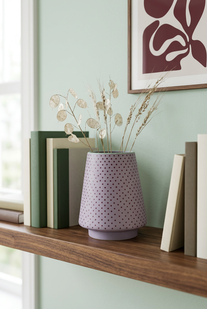 Lavender polka-dot vase on home office shelf