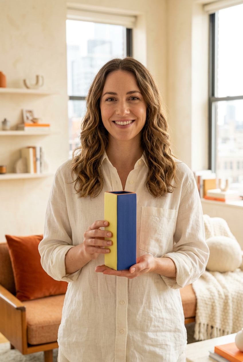 Female model holding Primary Frame square vase