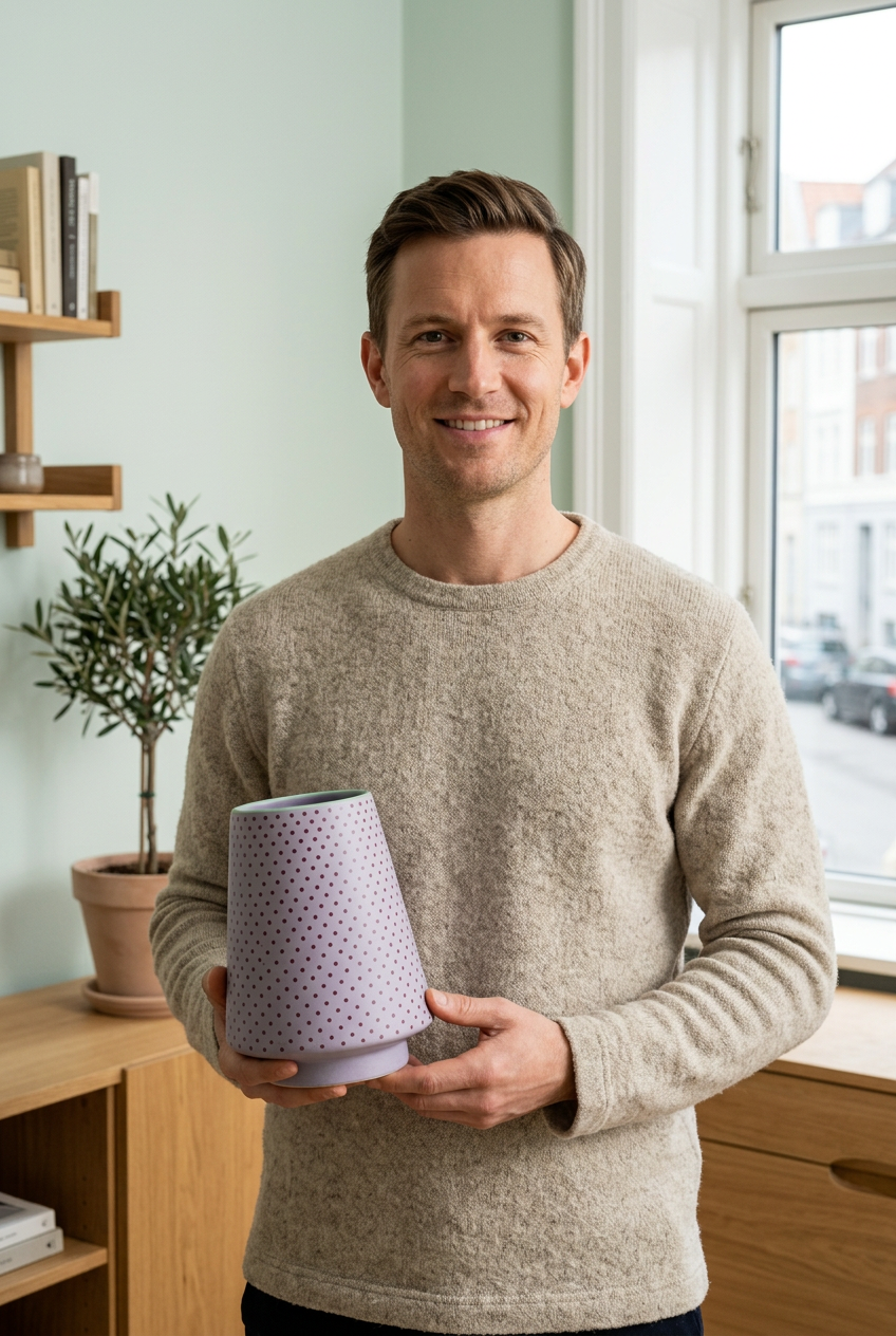 Male model holding Lilac Confetti vase