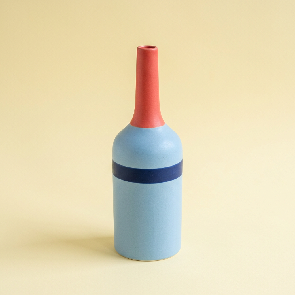 Skyline Stem sky-blue bottle vase with navy horizontal band and slender coral neck