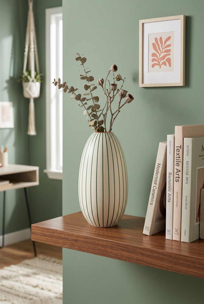 Meadow Lines striped vase on home office shelf