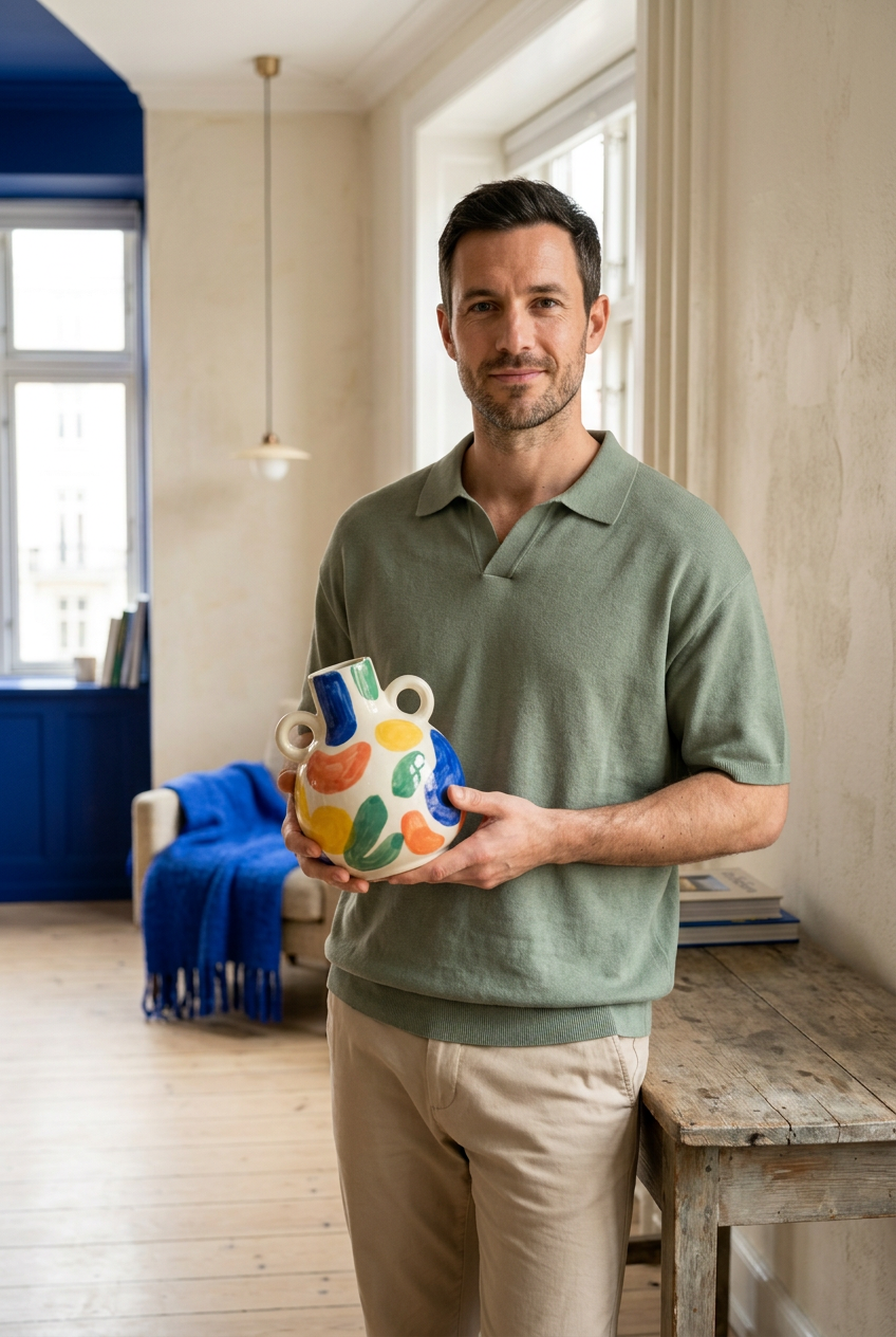 Male model holding colorful vase in a European-style interior
