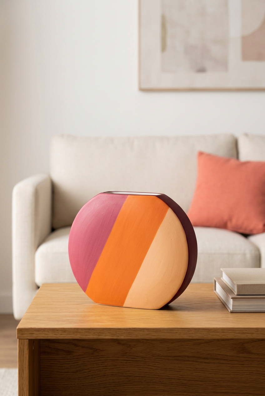 Color-block flat oval vase on living room console