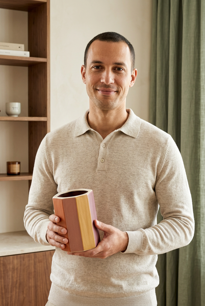 Male model holding Earth Prism vase