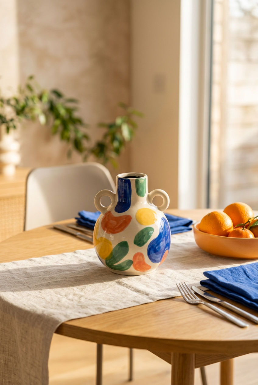 Decorative vase on a dining table with linen and colorful accents
