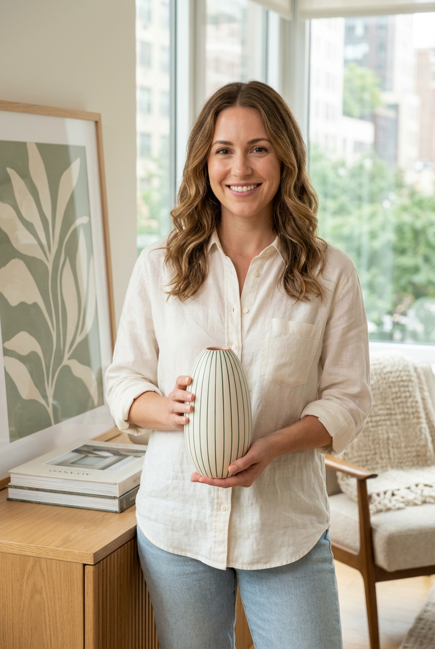 Female model holding Meadow Lines oval vase