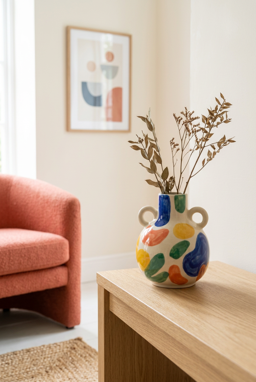 Colorful vase styled on a light oak living room console