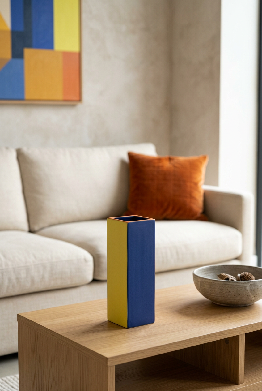 Blue and yellow square vase on living room console