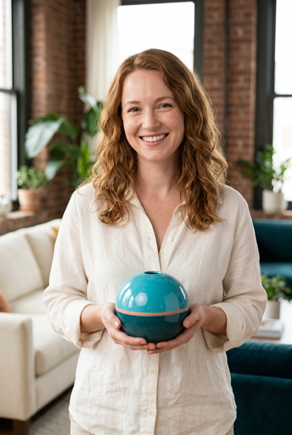 Female model holding Tide Orbit rounded turquoise vase