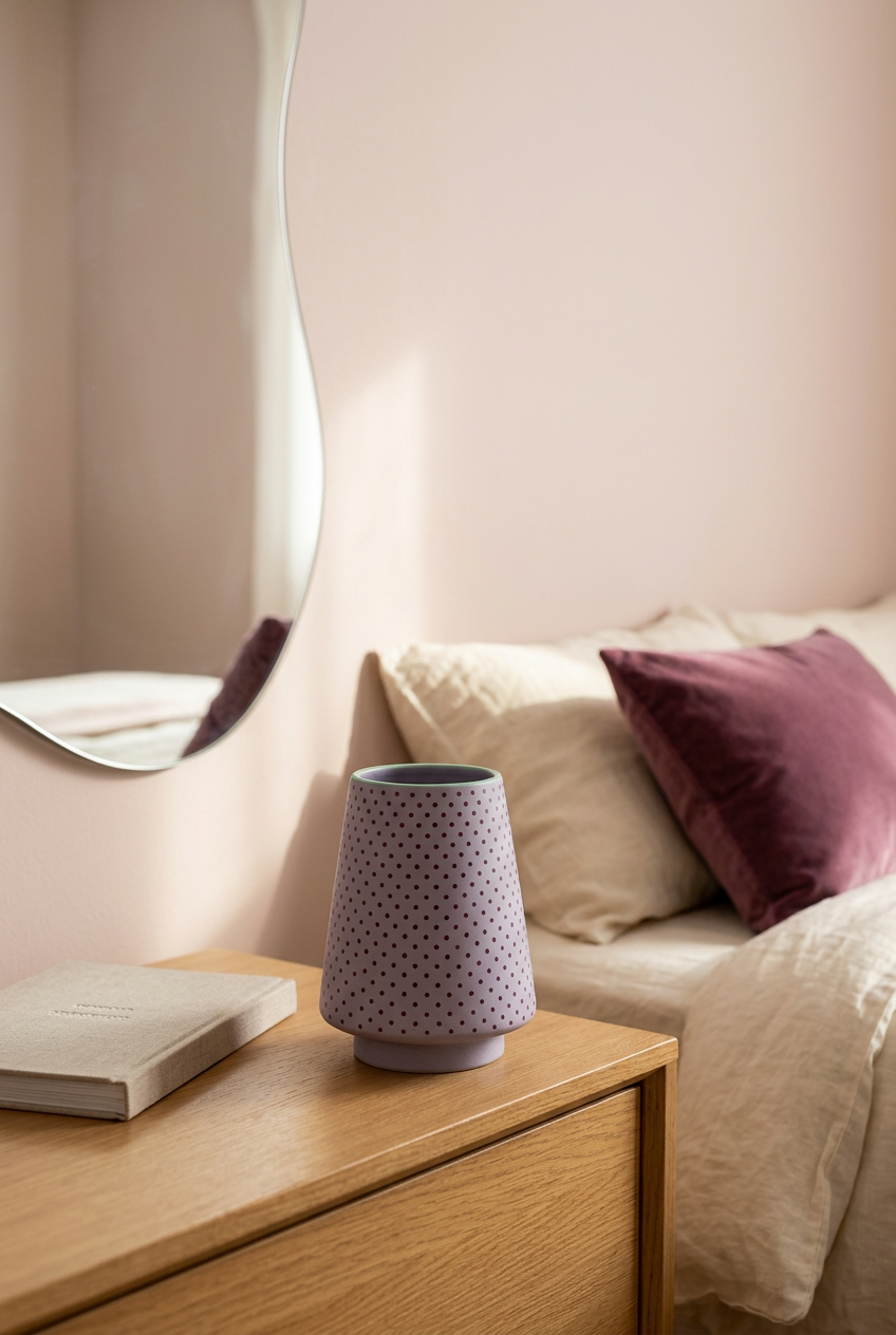 Lilac Confetti vase on bedroom dresser