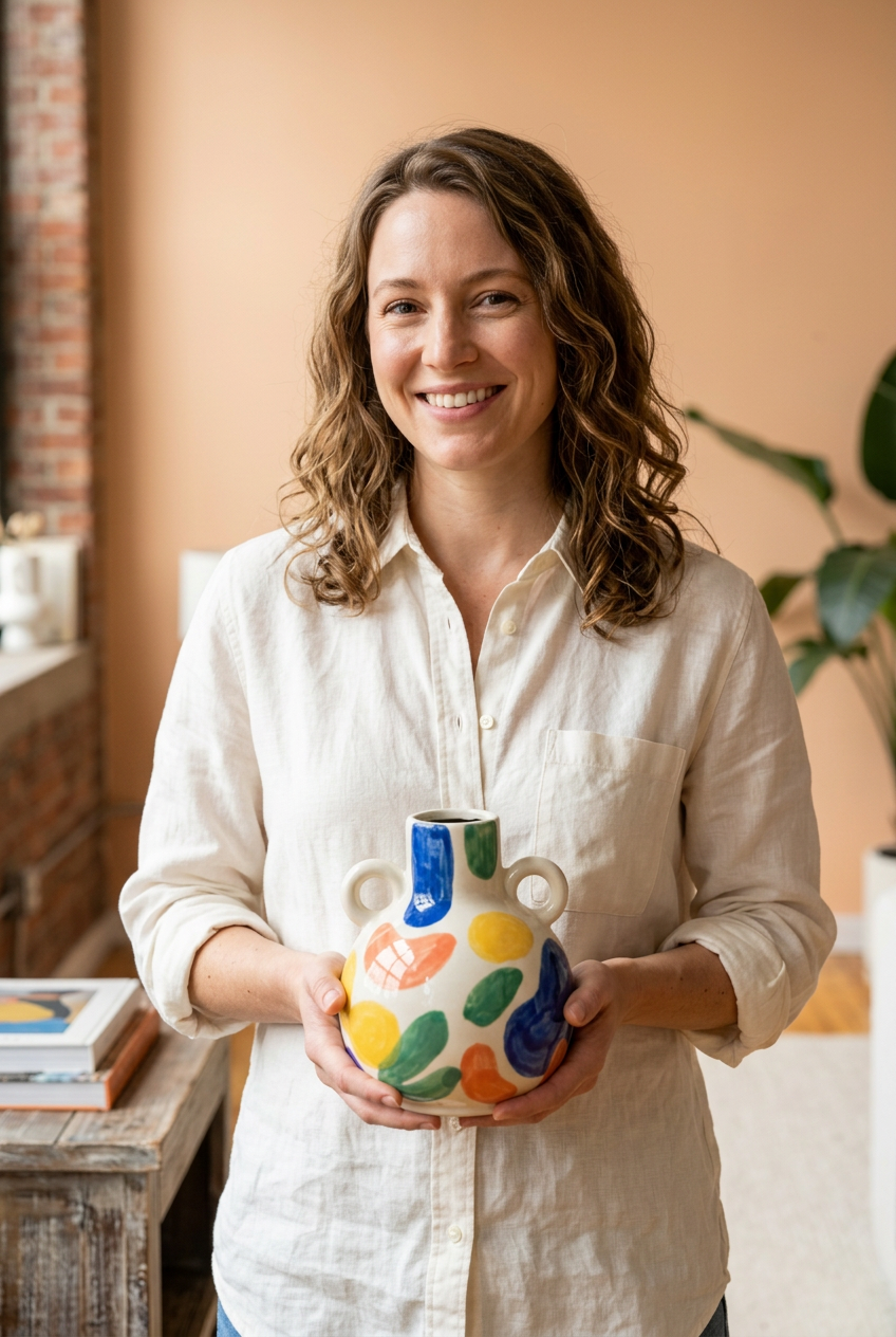 Female model holding colorful vase in an American-style loft