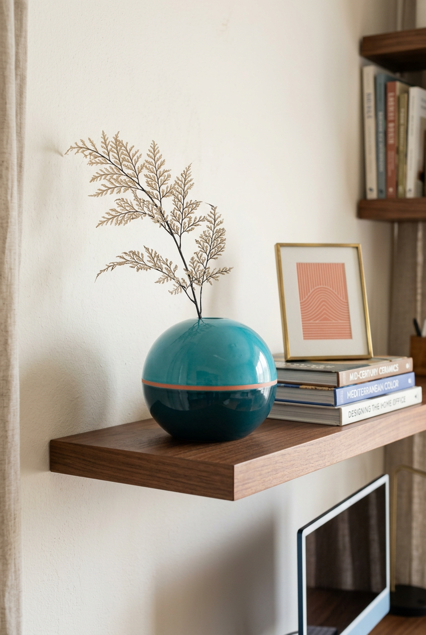 Turquoise spherical vase on home office shelf