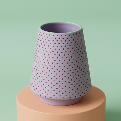 Lilac Confetti vase on peach pedestal with mint backdrop