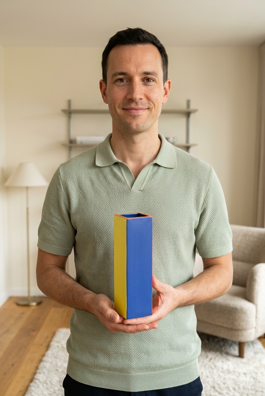 Male model holding Primary Frame square vase
