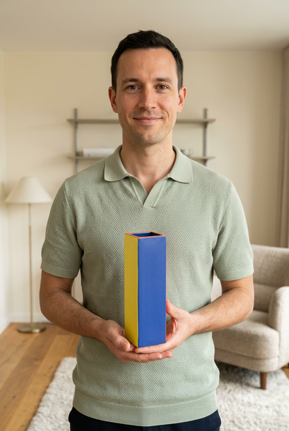 Male model holding Primary Frame square vase