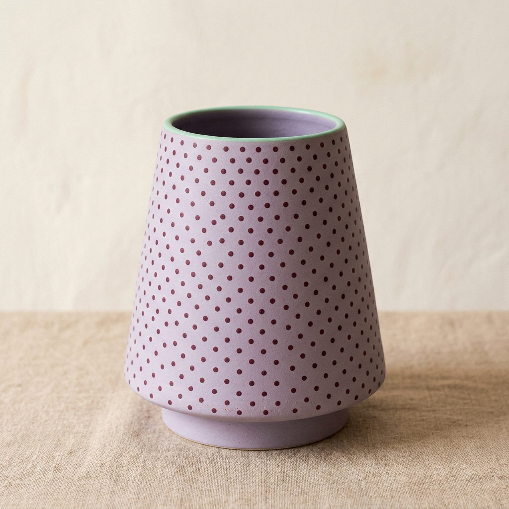 Lilac Confetti tapered lavender vase with burgundy dots and mint rim