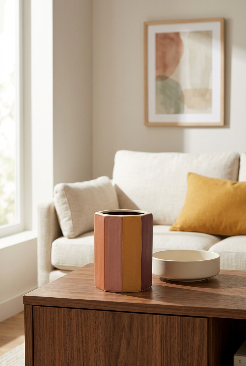 Warm faceted vase on walnut living room console