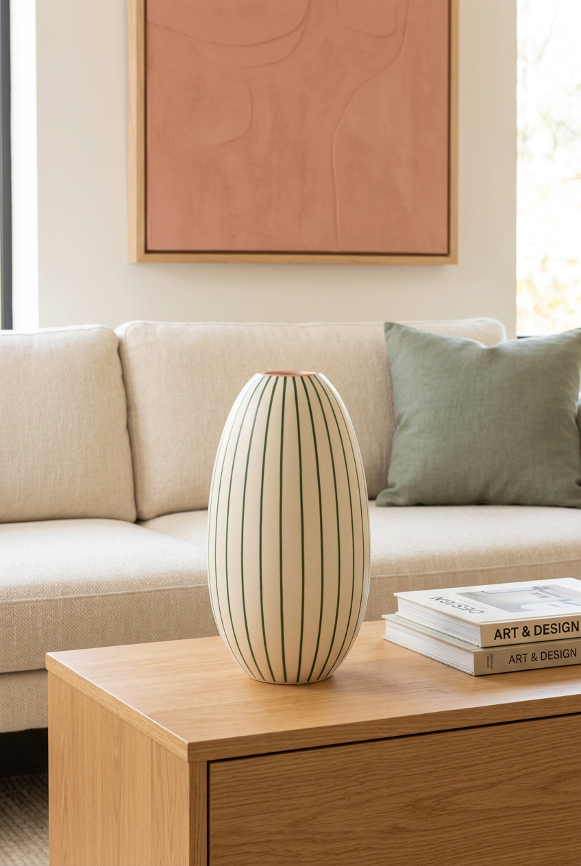 Ivory green-striped oval vase on oak living room console