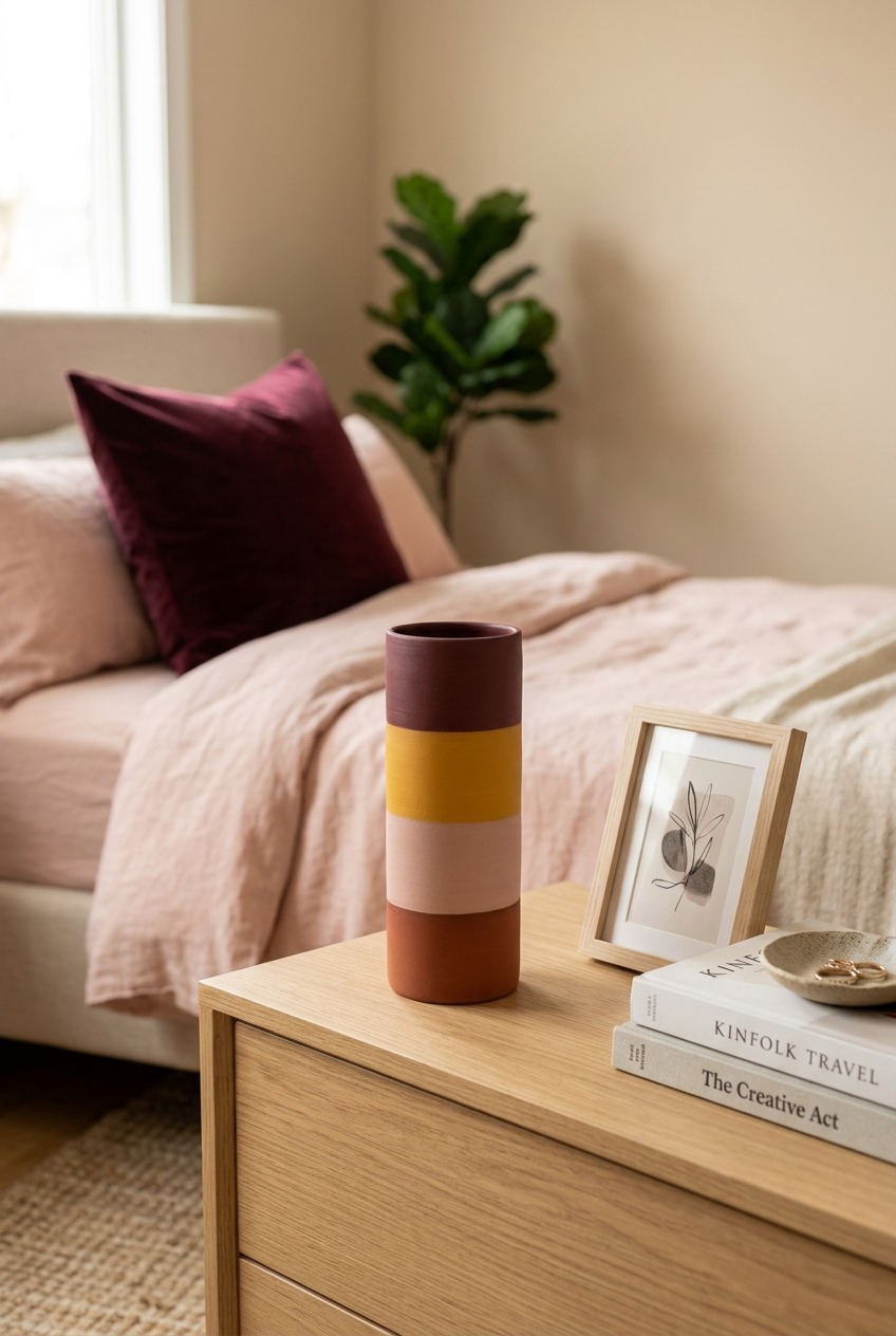 Warm color-block vase on bedroom dresser